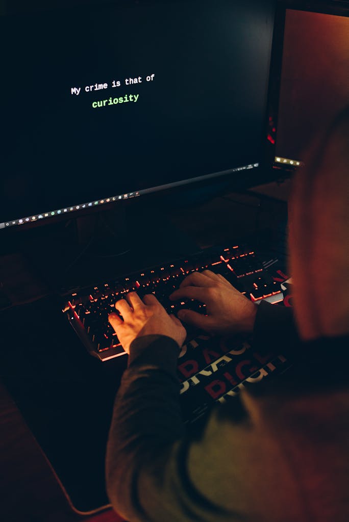 A person in a hoodie typing on a keyboard with a computer screen displaying a curiosity message.